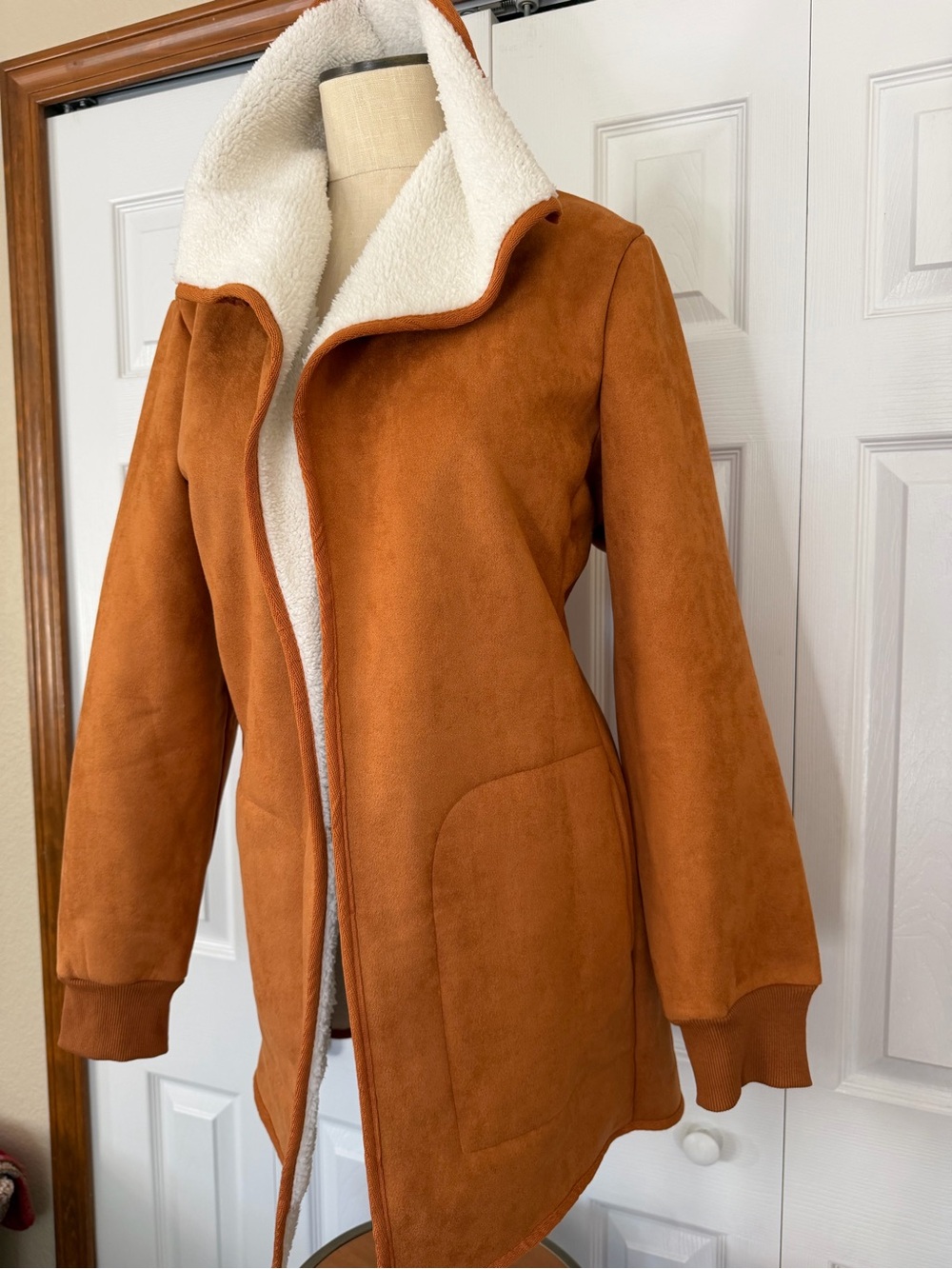 💕Women’s Faux Vegan Suede Open Front Sherpa Lining Coat - Rust